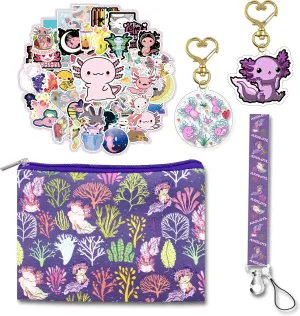 Kawaii Axolotl Gifts Set - Axolotl Makeup Bag, Keychains, Stickers & Purse Wallet