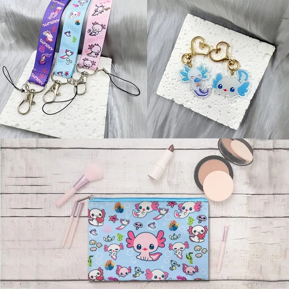 Kawaii Axolotl Gifts Set - Axolotl Makeup Bag, Keychains, Stickers & Purse Wallet