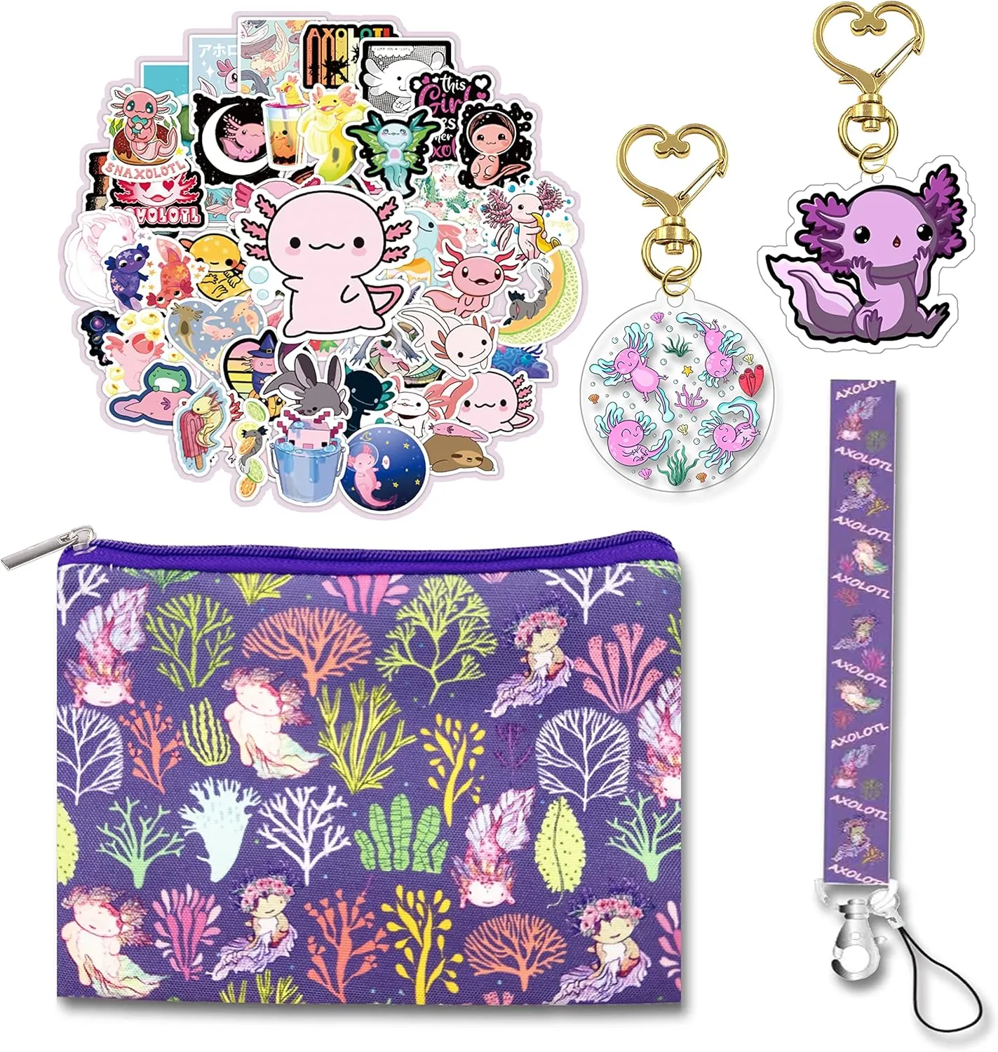 Kawaii Axolotl Gifts Set - Axolotl Makeup Bag, Keychains, Stickers & Purse Wallet