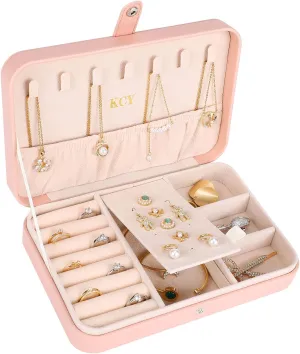 KCY Travel Jewelry Organizer Box for Women Girls, Small Travel Jewelry Case, PU Leather Portable Jewellery Storage Boxes Display Holder for Ring Earrings Necklace Bracelet Bangle, Gifts, Pink
