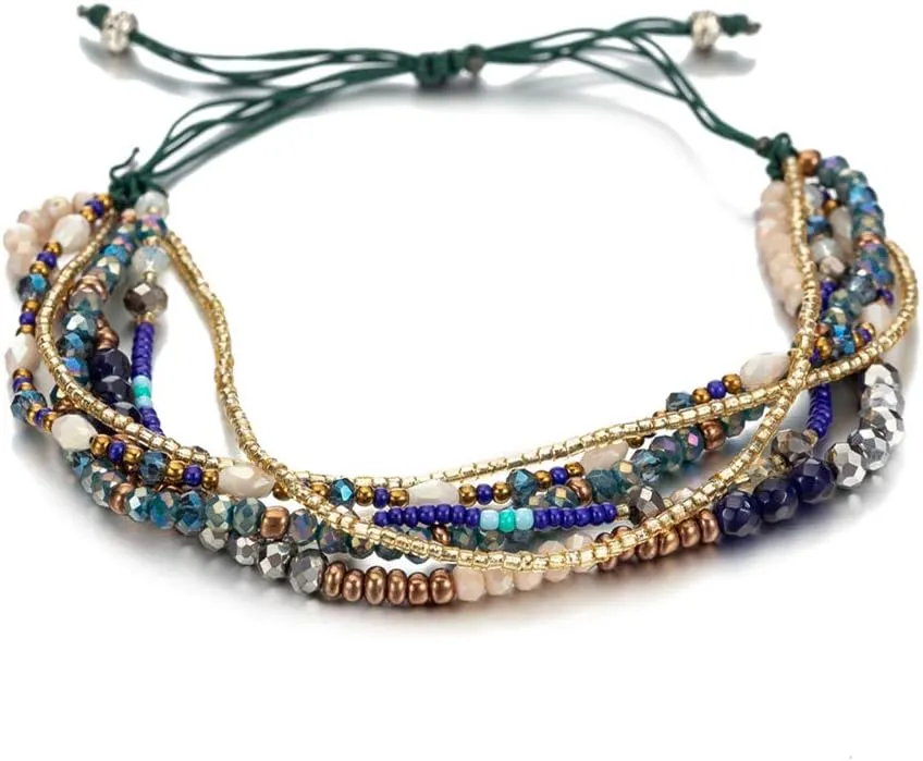 kelistom Handmade Beaded Chain Wrap Bracelet for Women Multilayers Adjustable Braided String Stretch Knot Beads Bracelets for Women