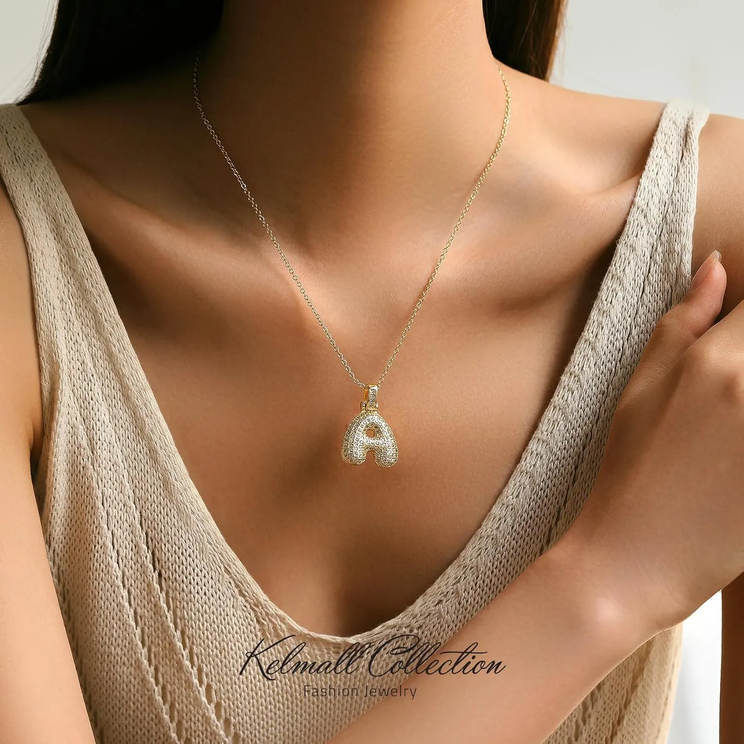 KELMALL Gold Initial Pendant Necklace for Women, Chunky Bubble Balloon Diamond Letter Necklace Personalised Gift