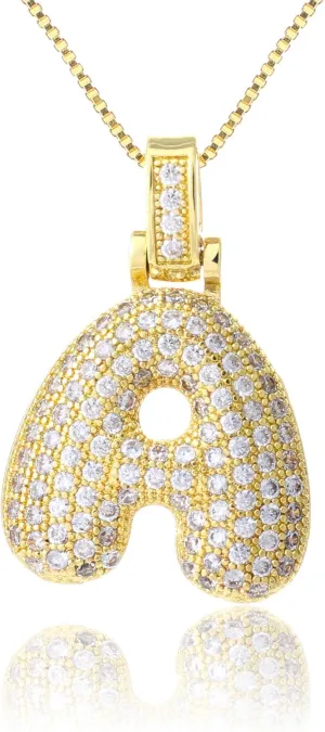KELMALL Gold Initial Pendant Necklace for Women, Chunky Bubble Balloon Diamond Letter Necklace Personalised Gift
