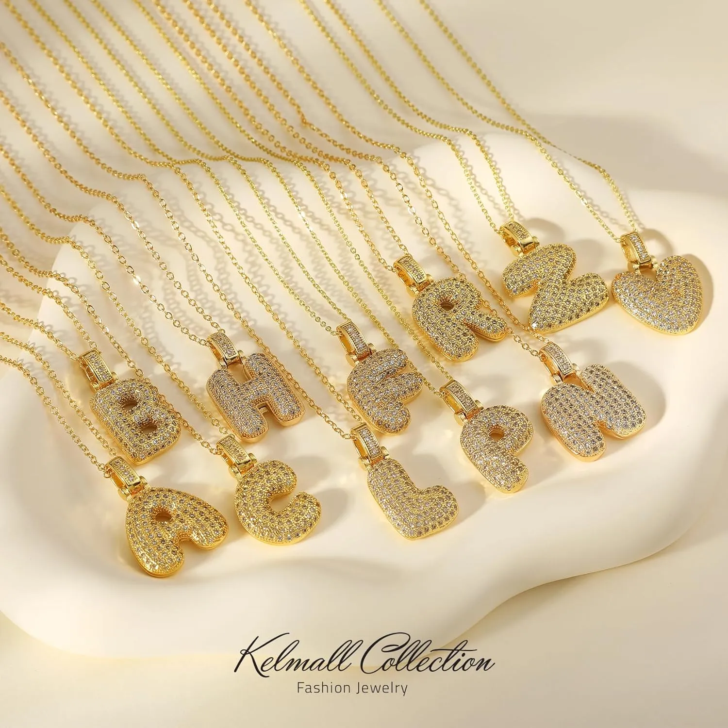 KELMALL Gold Initial Pendant Necklace for Women, Chunky Bubble Balloon Diamond Letter Necklace Personalised Gift