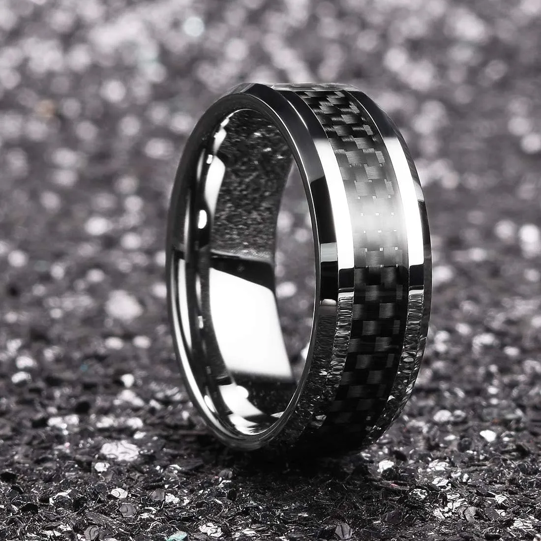 King Will 8mm Tungsten Carbide Ring Carbon Fiber Inlaid Men's Wedding Band - Black/Silver with Red/Green/Blue/Silver/White/Yellow Carbon Fiber, Polished Finish, Beveled Edge, Comfort Fit, Size 6-15