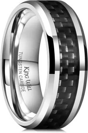 King Will 8mm Tungsten Carbide Ring Carbon Fiber Inlaid Men's Wedding Band - Black/Silver with Red/Green/Blue/Silver/White/Yellow Carbon Fiber, Polished Finish, Beveled Edge, Comfort Fit, Size 6-15