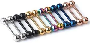 Kiokioa 12pc 14G Mix-color Stainless Steel Straight Barbell Tongue Rings Bars Piercing 5/8" Length