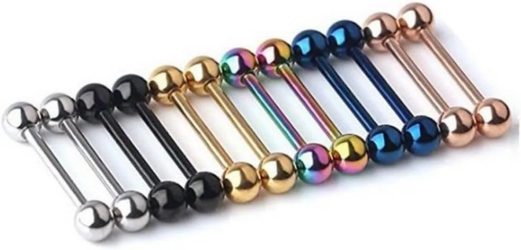 Kiokioa 12pc 14G Mix-color Stainless Steel Straight Barbell Tongue Rings Bars Piercing 5/8" Length