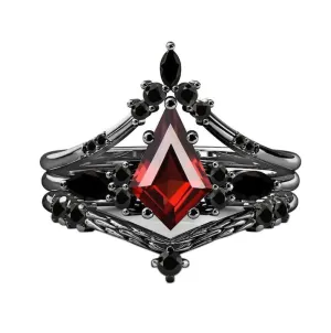 kite shaped garnet engagement ring for women, handmade silver wedding ring, vintage silver ring, set of 3pcs ring, black rhodiums ring, gifts for couples ring, women gemstone ring