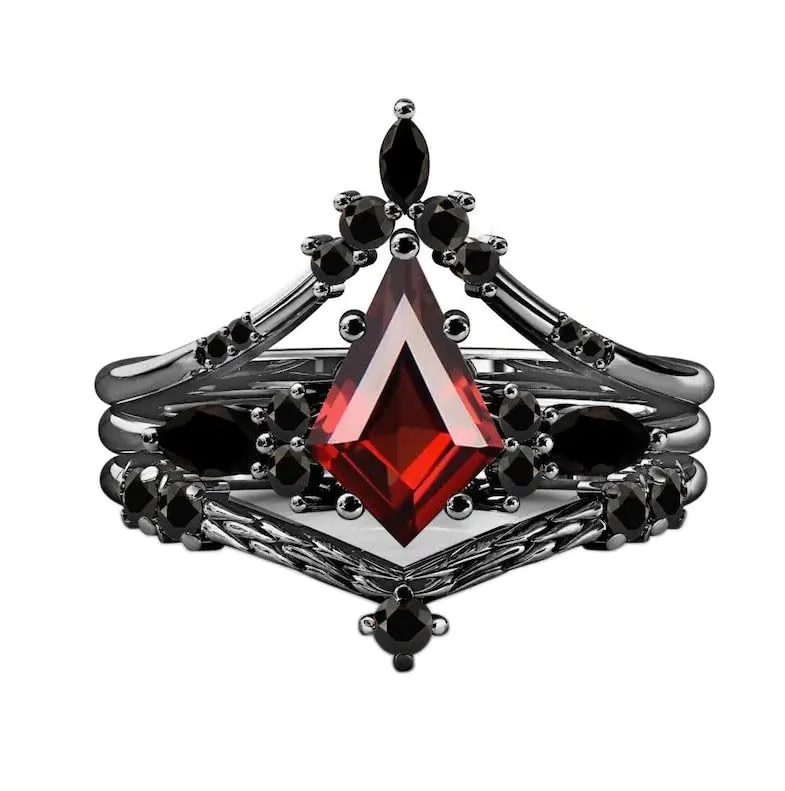 kite shaped garnet engagement ring for women, handmade silver wedding ring, vintage silver ring, set of 3pcs ring, black rhodiums ring, gifts for couples ring, women gemstone ring