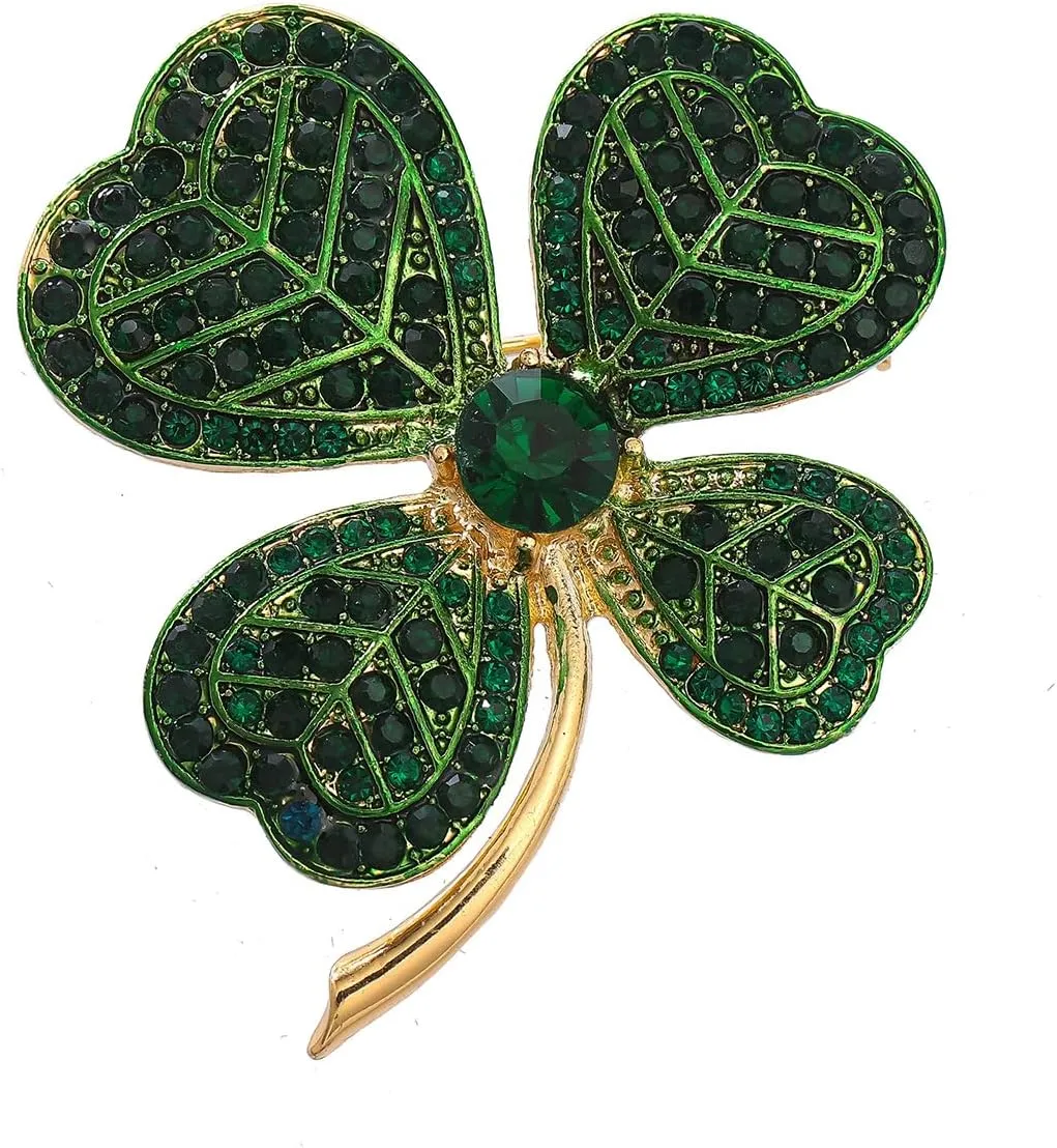 Kokoma Green Clover Leaf Brooch Pin for Women Girls St. Patrick's Day Lapel Pin CZ Heart Shamrock Irish Corsage Badge Brooches Lucky Decor Dress Accessories
