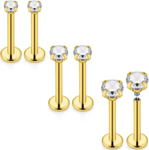 Kridzisw 16G Lip Labret Monroe Medusa Rings Studs Internally Threaded 316L Surgical Steel Flat Back Nose Studs Cartilage Tragus Helix Earring Piercing 6mm 8mm 10mm Bar 2mm 3mm 4mm CZ 3pairs