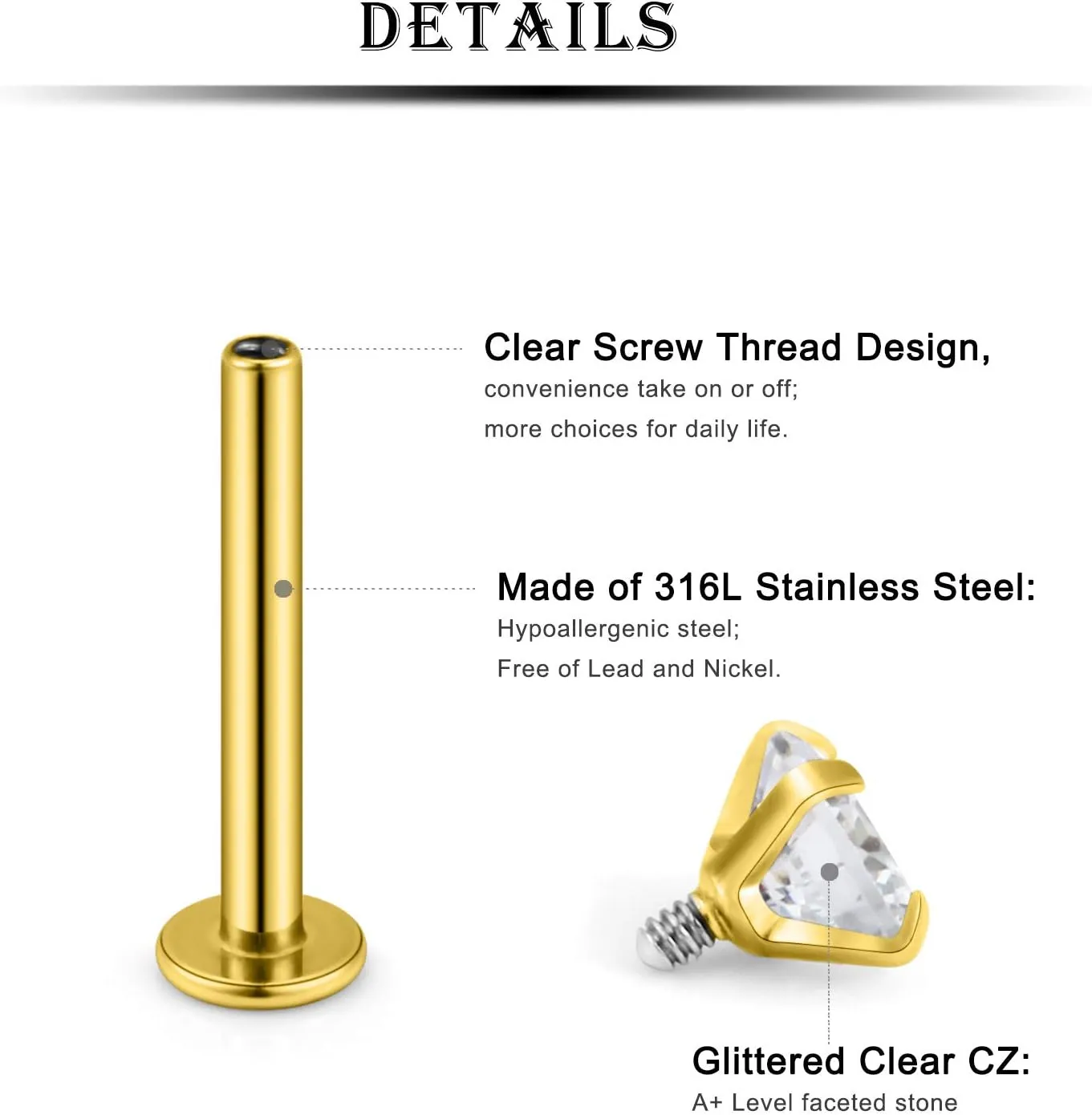 Kridzisw 16G Lip Labret Monroe Medusa Rings Studs Internally Threaded 316L Surgical Steel Flat Back Nose Studs Cartilage Tragus Helix Earring Piercing 6mm 8mm 10mm Bar 2mm 3mm 4mm CZ 3pairs