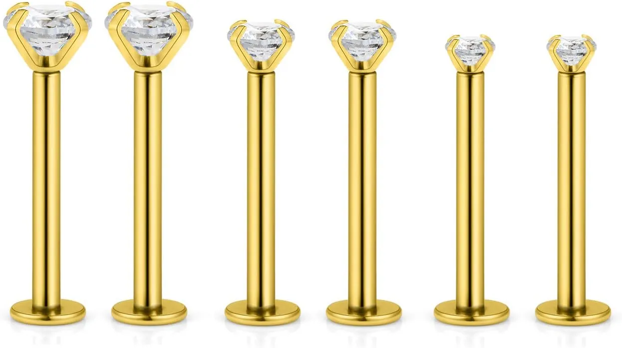 Kridzisw 16G Lip Labret Monroe Medusa Rings Studs Internally Threaded 316L Surgical Steel Flat Back Nose Studs Cartilage Tragus Helix Earring Piercing 6mm 8mm 10mm Bar 2mm 3mm 4mm CZ 3pairs
