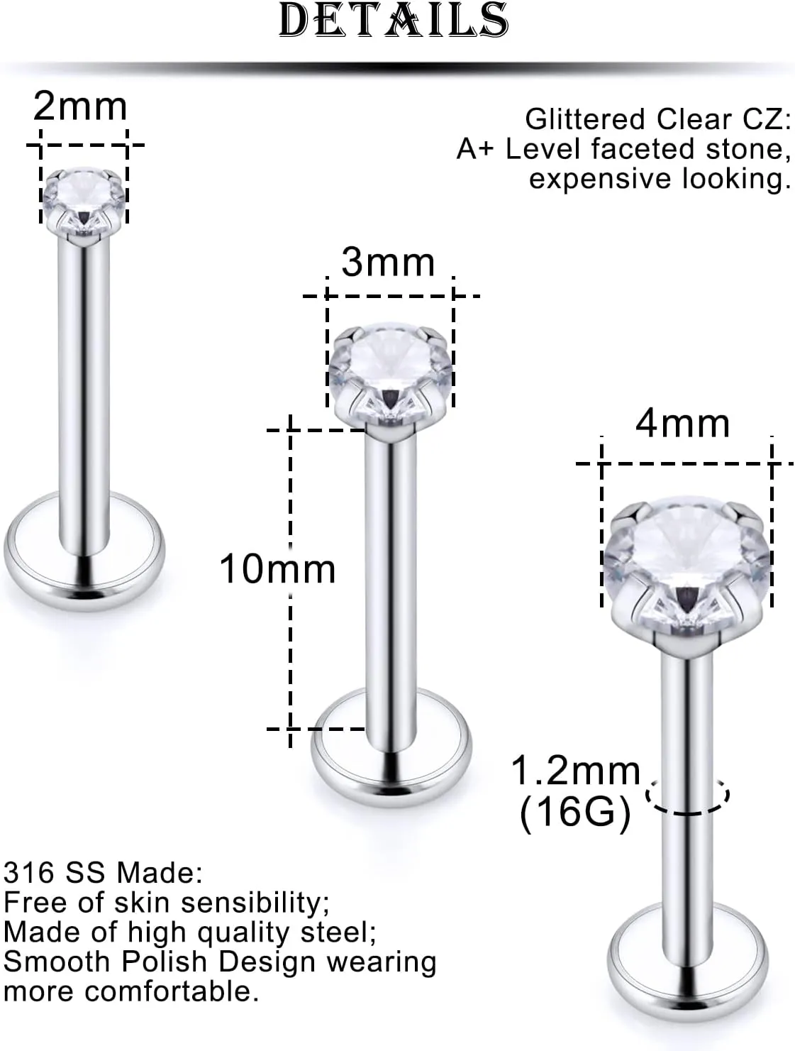 Kridzisw 16G Lip Labret Monroe Medusa Rings Studs Internally Threaded 316L Surgical Steel Flat Back Nose Studs Cartilage Tragus Helix Earring Piercing 6mm 8mm 10mm Bar 2mm 3mm 4mm CZ 3pairs