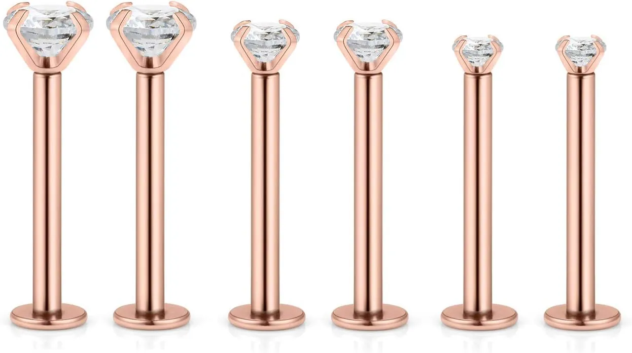 Kridzisw 16G Lip Labret Monroe Medusa Rings Studs Internally Threaded 316L Surgical Steel Flat Back Nose Studs Cartilage Tragus Helix Earring Piercing 6mm 8mm 10mm Bar 2mm 3mm 4mm CZ 3pairs