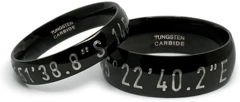 Kriskate & Co. Personalized Tungsten Wedding Ring, Couples Coordinate Rings, His and Hers Latitude Longitude Ring, Coordinate Ring, Promise Rings TCR152