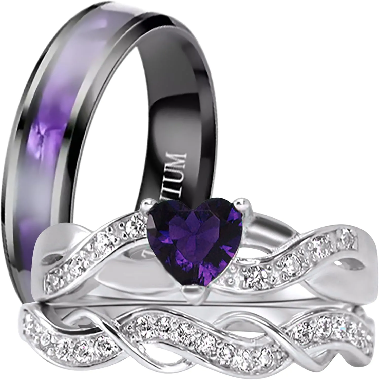 LaRaso & Co His Her Wedding Ring Set 3 Piece TRIO Silver Titanium Couples Bands 10