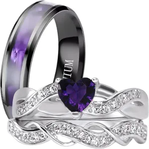 LaRaso & Co His Her Wedding Ring Set 3 Piece TRIO Silver Titanium Couples Bands 10