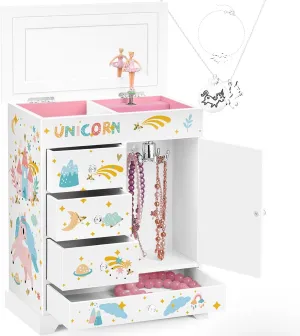 Large Jewelry Box for Girls 5-Layer Music Box with Swing Door Spinning Ballerina Unicorn Necklace & Bracelet Set Children Jewelry Organizer for Girls Kids Birthday Christmas Gift White