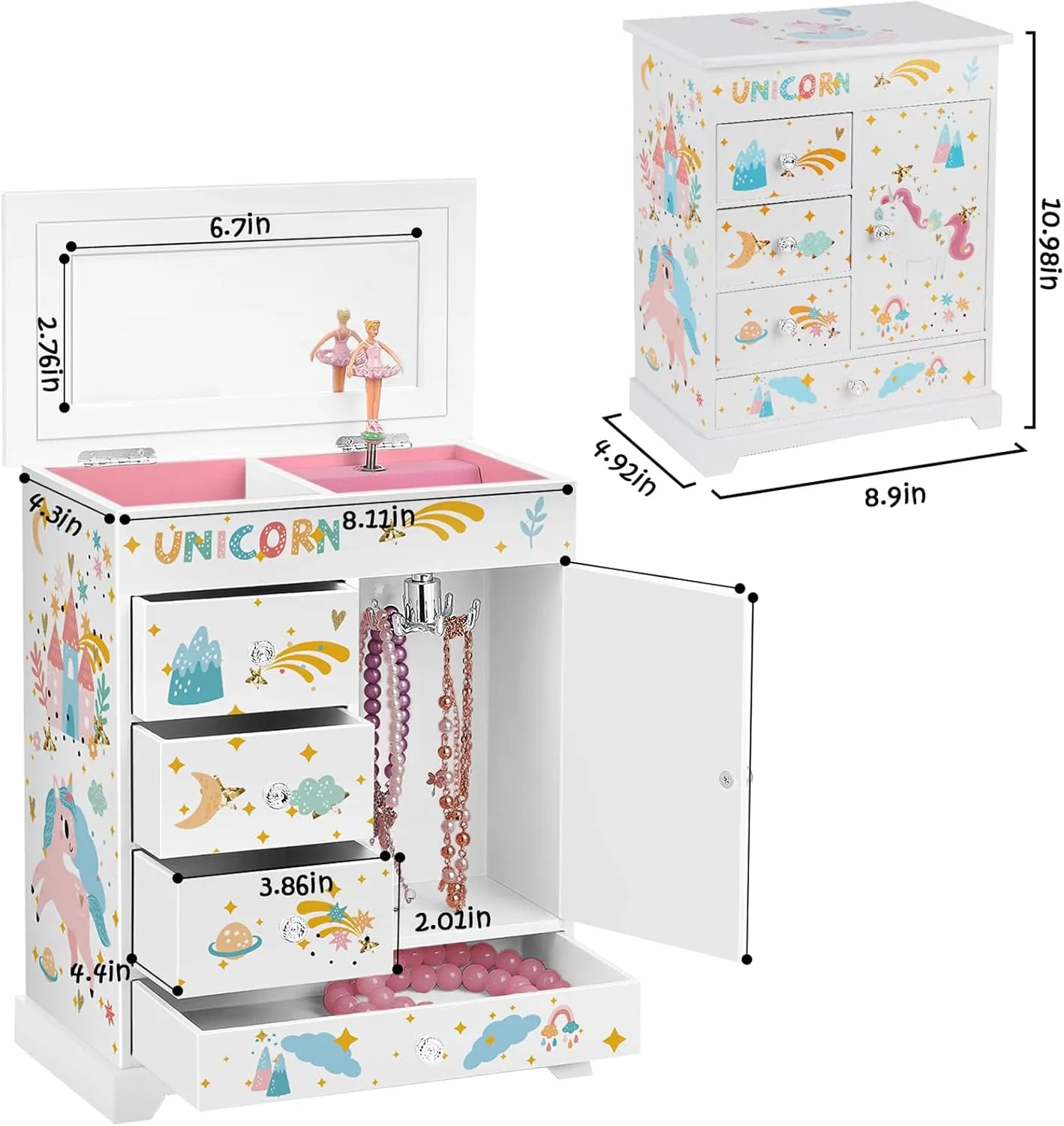 Large Jewelry Box for Girls 5-Layer Music Box with Swing Door Spinning Ballerina Unicorn Necklace & Bracelet Set Children Jewelry Organizer for Girls Kids Birthday Christmas Gift White