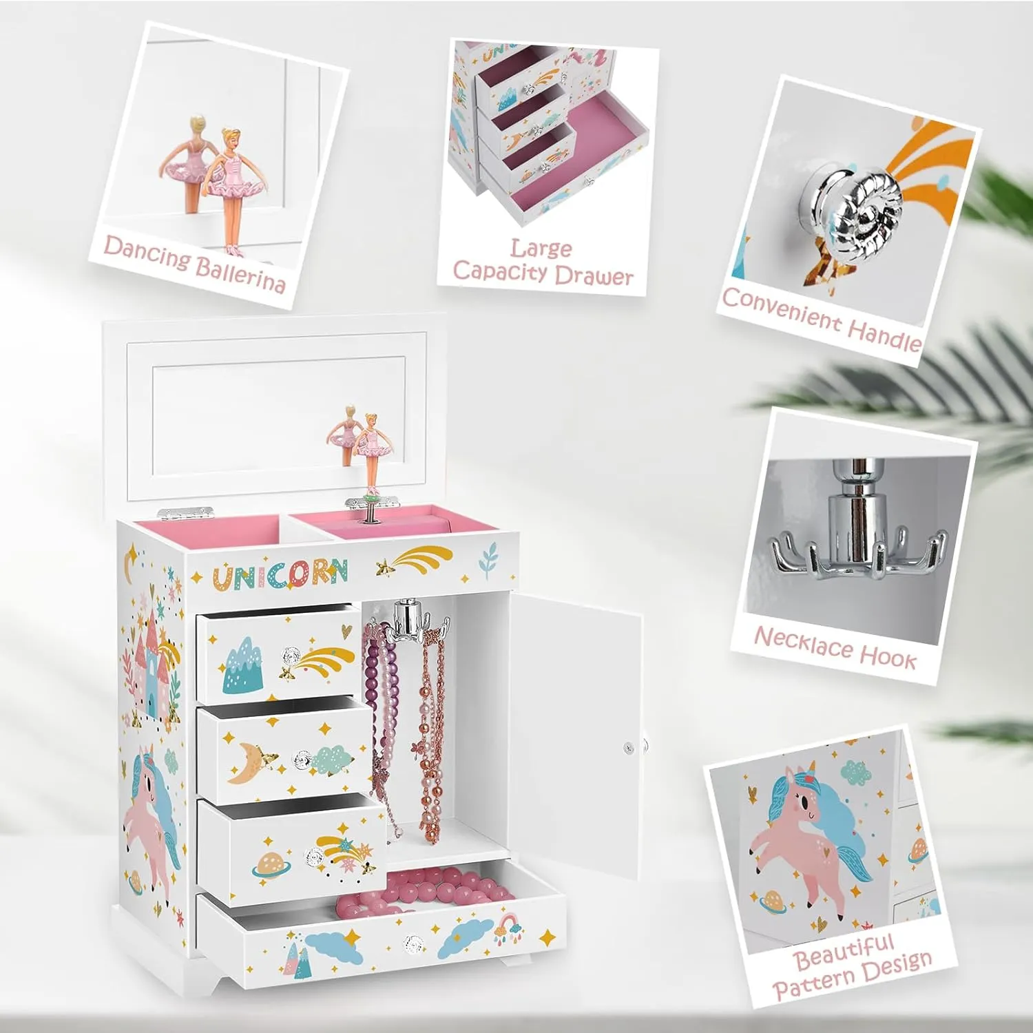 Large Jewelry Box for Girls 5-Layer Music Box with Swing Door Spinning Ballerina Unicorn Necklace & Bracelet Set Children Jewelry Organizer for Girls Kids Birthday Christmas Gift White