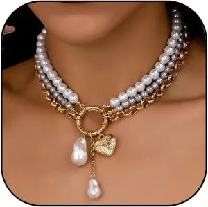 Layered Baroque Pearl Heart Necklace for Women Gold Heart Pendant Necklace Boho Beaded Choker Necklace Summer Beach Party Jewelry Gifts