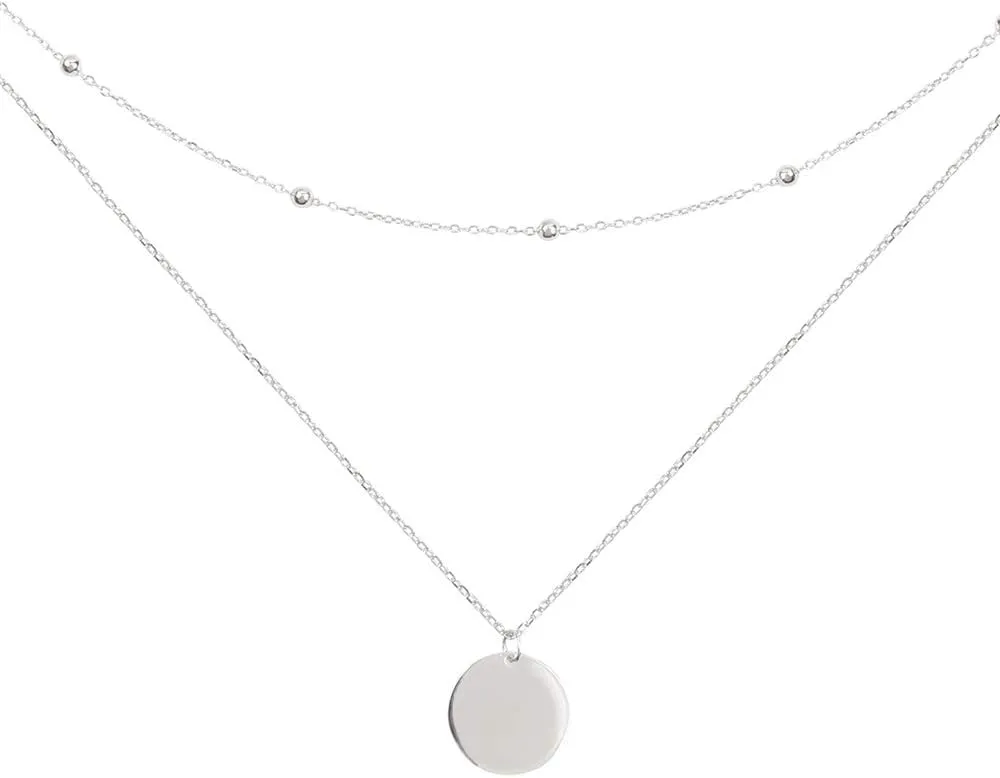 Layered Disc Pendant Choker Necklace for Women 925 Sterling Silver-Tone,Gold-Tone Dainty Full Moon Circle Coin Collar Two-Double Chain Fashion Y Jewelry Best Box Birthday Wedding (Silvery)
