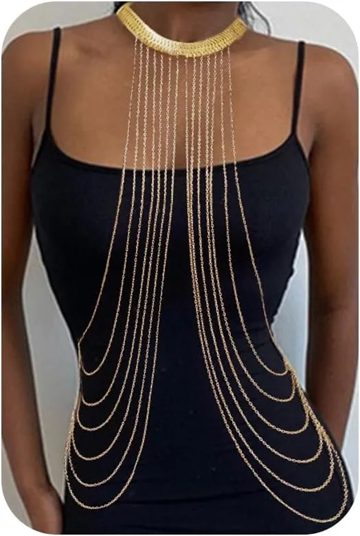Layered Gold Tassels Body Chain - Sexy Bikini Nightclub Jewelry, Dainty Boho Adjustable Bra Chain for Women