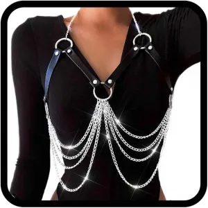 Leather Chest Chain Silver Layered Body Chains Gothic Rave Halloween Body Accessories for Women
