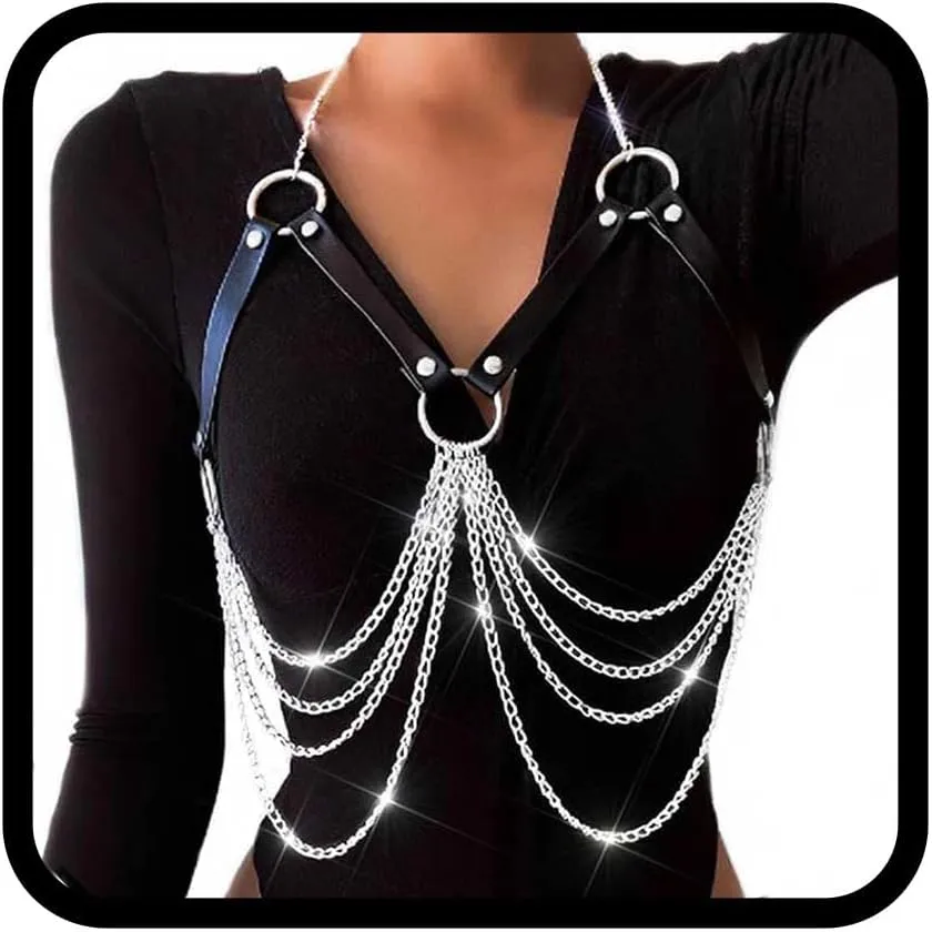 Leather Chest Chain Silver Layered Body Chains Gothic Rave Halloween Body Accessories for Women