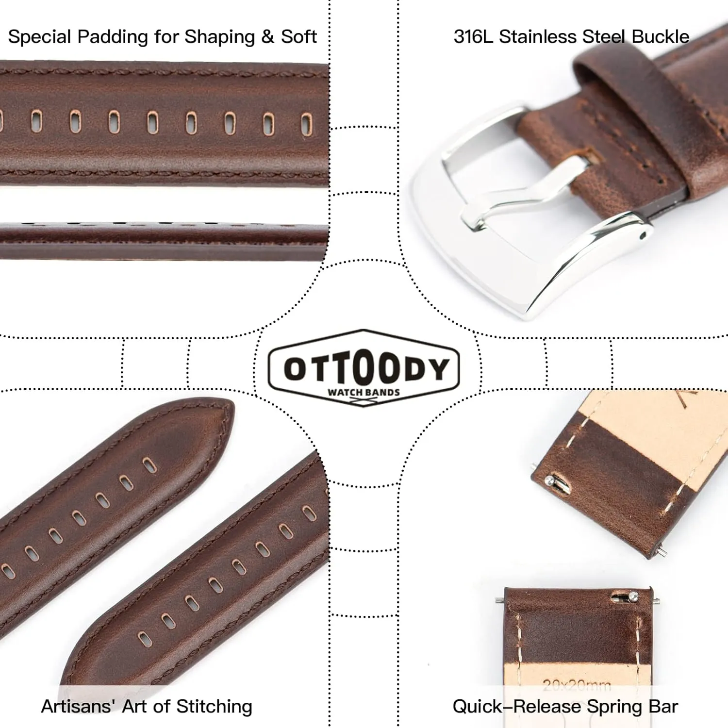 Leather Watch Bands Quick Release, Elegant Top Grain Leather Watch Straps for Men & Women, Choice of Color & Width - 18mm, 19mm, 20mm, 21mm or 22mm Wristbands Bracelet for Watch & Smartwatch