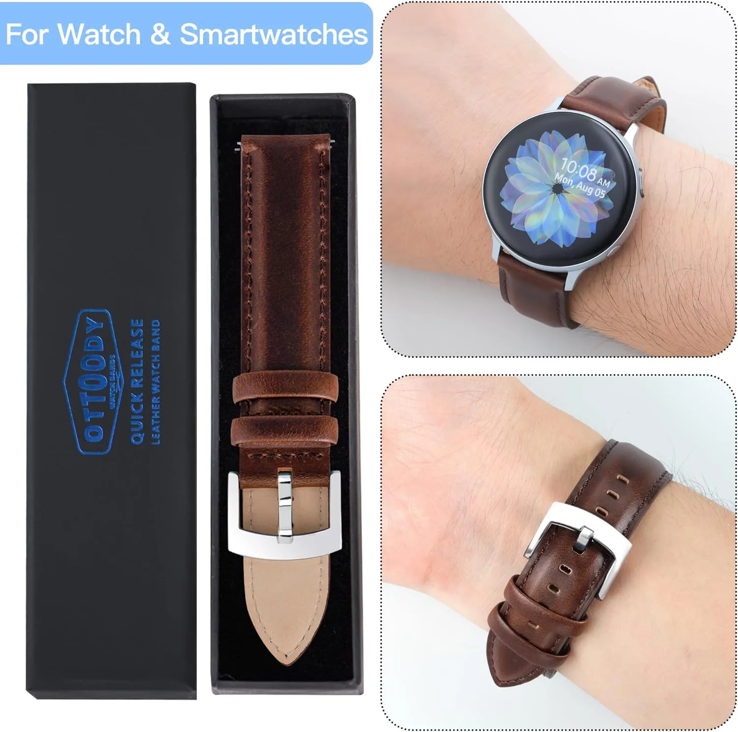 Leather Watch Bands Quick Release, Elegant Top Grain Leather Watch Straps for Men & Women, Choice of Color & Width - 18mm, 19mm, 20mm, 21mm or 22mm Wristbands Bracelet for Watch & Smartwatch