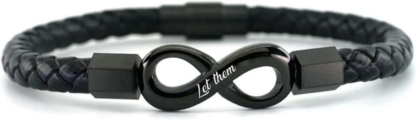 Let Them Infinity Bracelet, Self Worth Motivation Bracelet, Black Braided Leather Bangle Bracelet, Inspirational Infinity Bracelet, Friendship Jewelry Gift for Men Women