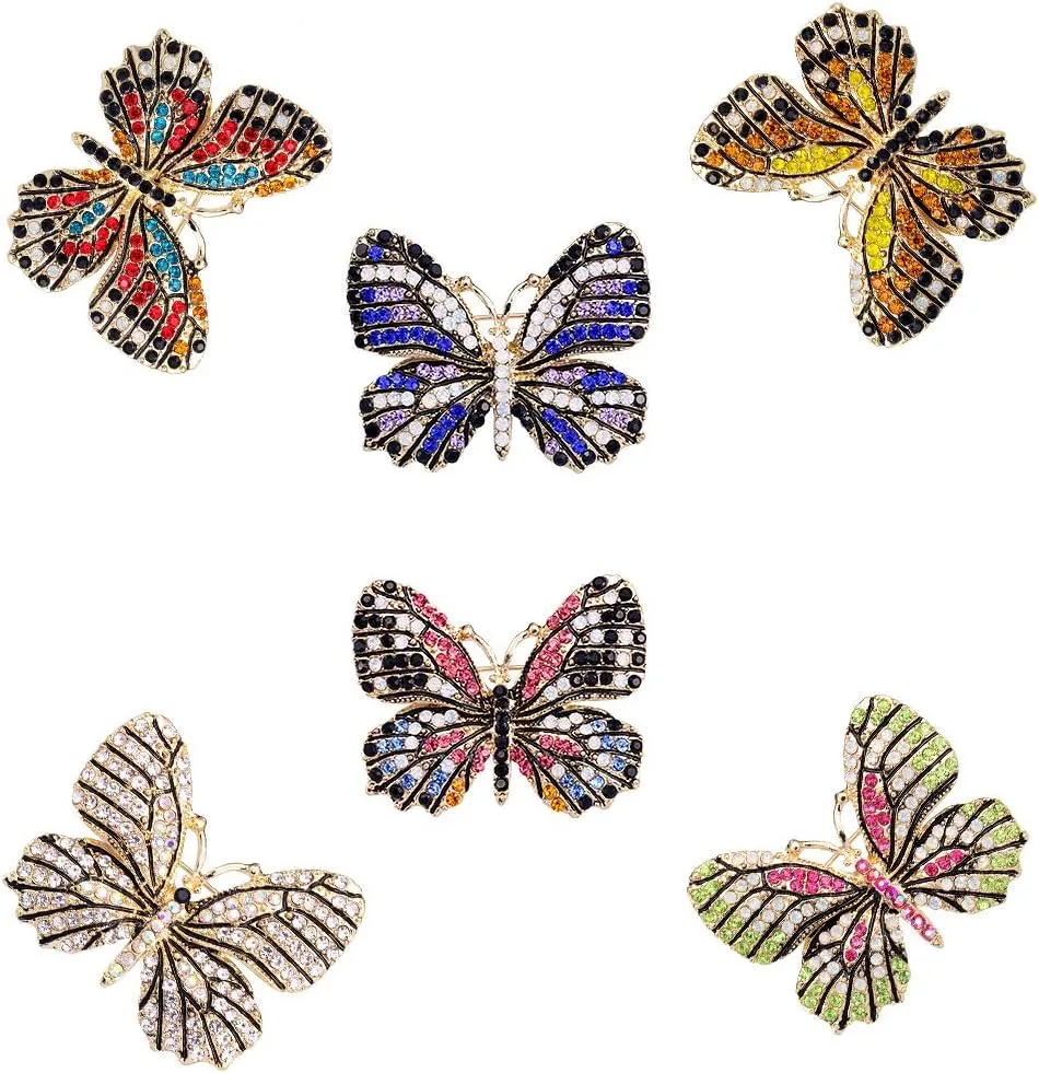 Lot 6pcs Multicolor Rhinestone Crystal Butterfly Brooch Pin Set for Women