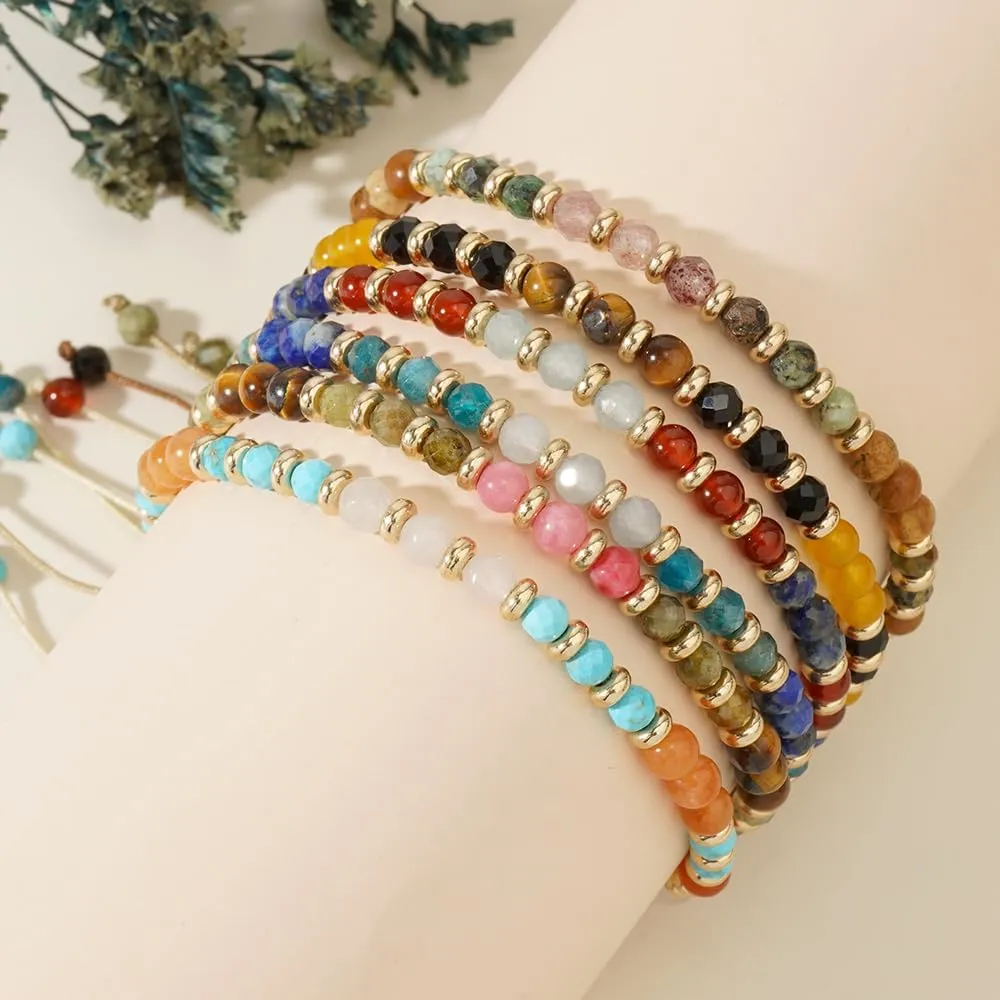 Lotus and Luna 7 Chakra Stacked Gold Bracelets for Women,Boho Strand Beads Adjustable Friendship Healing Christmas Jewelry Gift.