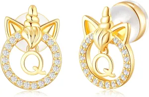 Loved Creations Initial Funny Unicorn Earrings Gift, Gold Plated Earrings Christmas Jewelry Gift, Unicorn Gift for Women