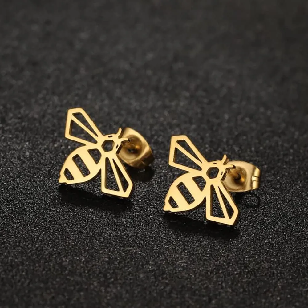 Lovely Honey Bee Stud Earrings Stainless Steel Bumblebee Hollow Bees Cartilage Studs Earring for Women Girls Simple Jewelry Gifts