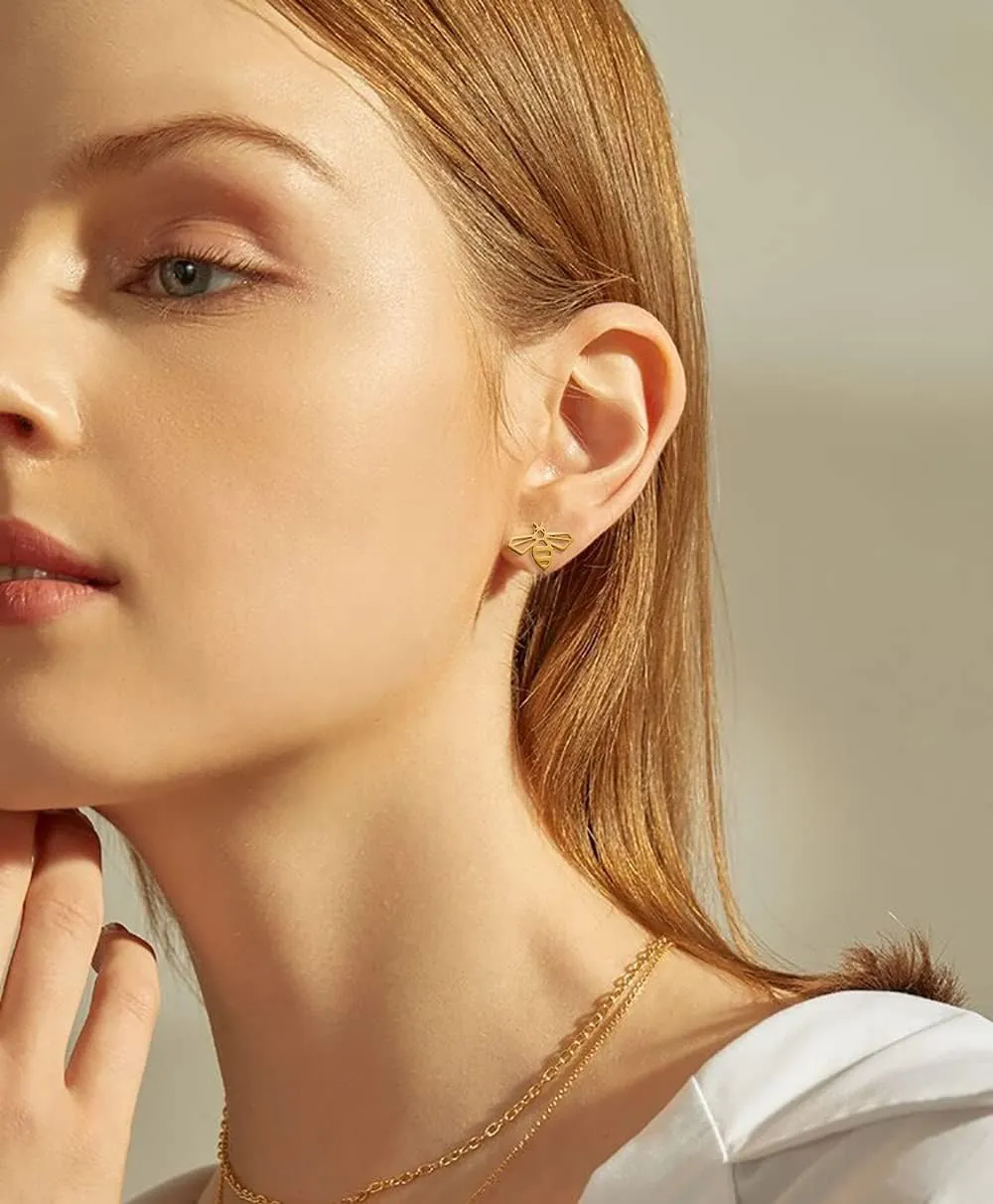Lovely Honey Bee Stud Earrings Stainless Steel Bumblebee Hollow Bees Cartilage Studs Earring for Women Girls Simple Jewelry Gifts
