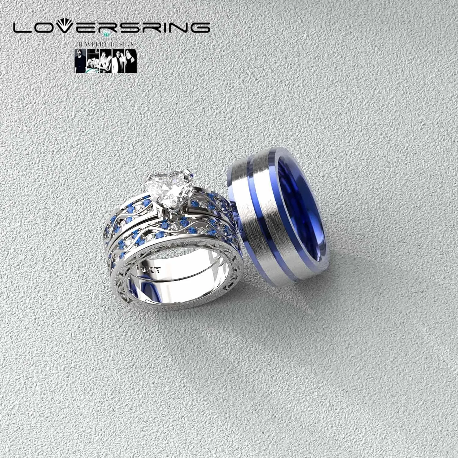 LOVERSRING Couple Ring Bridal Set His Hers Women 10kt White Gold Filled Heart Moissanite Men Titanium Wedding Ring Band Set