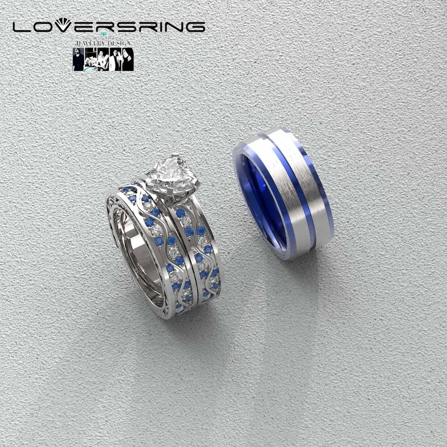 LOVERSRING Couple Ring Bridal Set His Hers Women 10kt White Gold Filled Heart Moissanite Men Titanium Wedding Ring Band Set