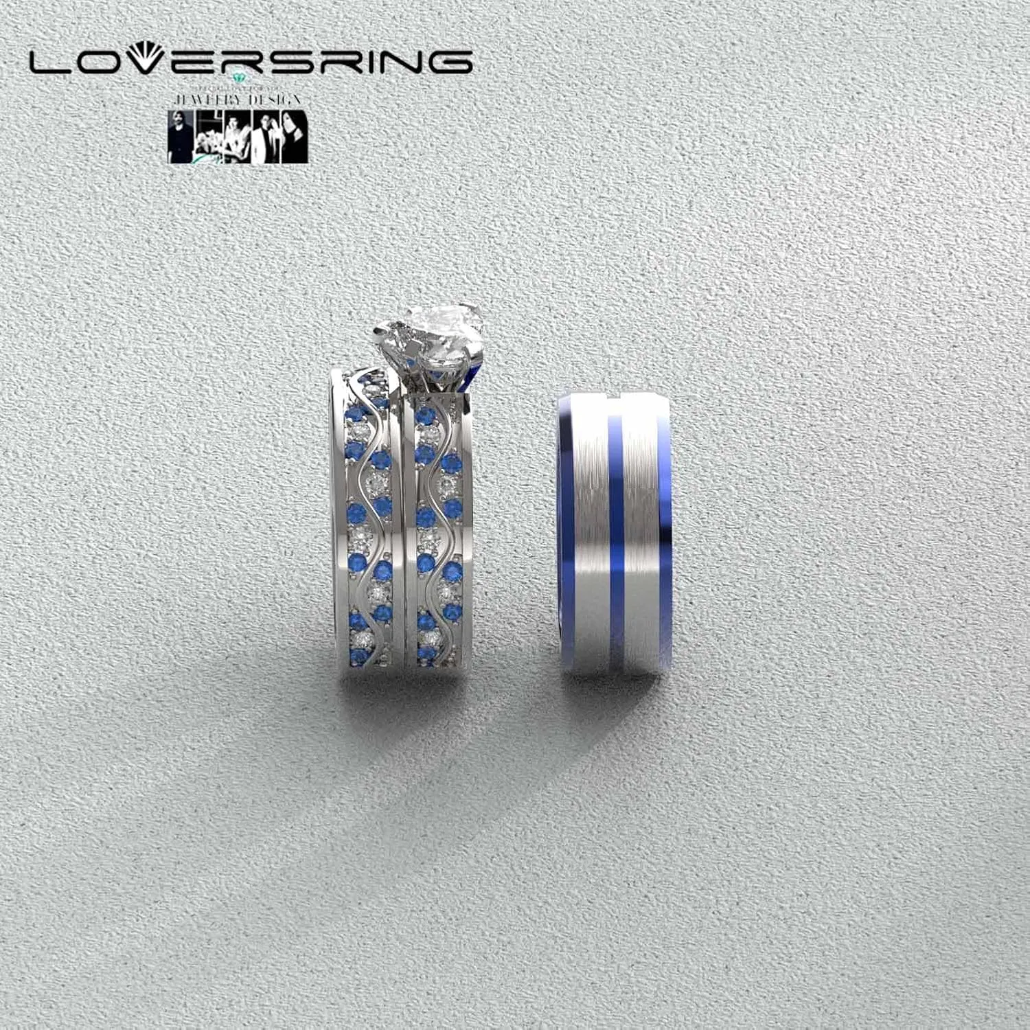 LOVERSRING Couple Ring Bridal Set His Hers Women 10kt White Gold Filled Heart Moissanite Men Titanium Wedding Ring Band Set