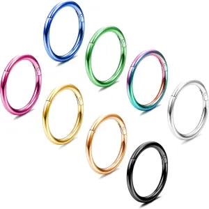 LOYALLOOK 8PCS 316L Stainless Steel Septum Rings for Women Men Improved Hinged Clicker Segment Lip Nose Rings Hoop Helix Cartilage Conch Daith Tragus Earring Body Piercing 16G/18G