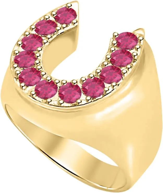 Lucky Horse Shoe Round Cut Gemstone 14K Yellow Gold Over .925 Sterling Silver Men's Ring