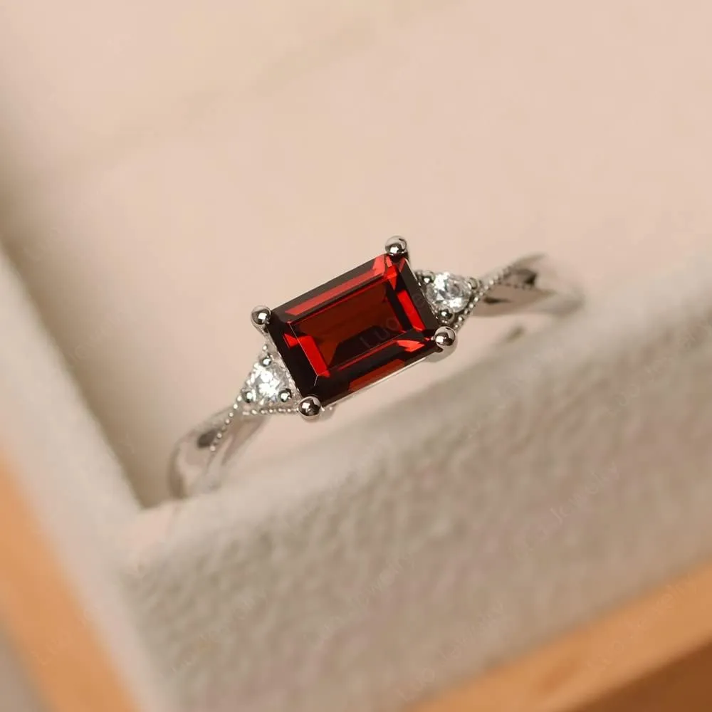 LUO 925 Sterling Silver Emerald Cut 7X5 MM Gemstone Ring East West Dainty Promise Ring for Women