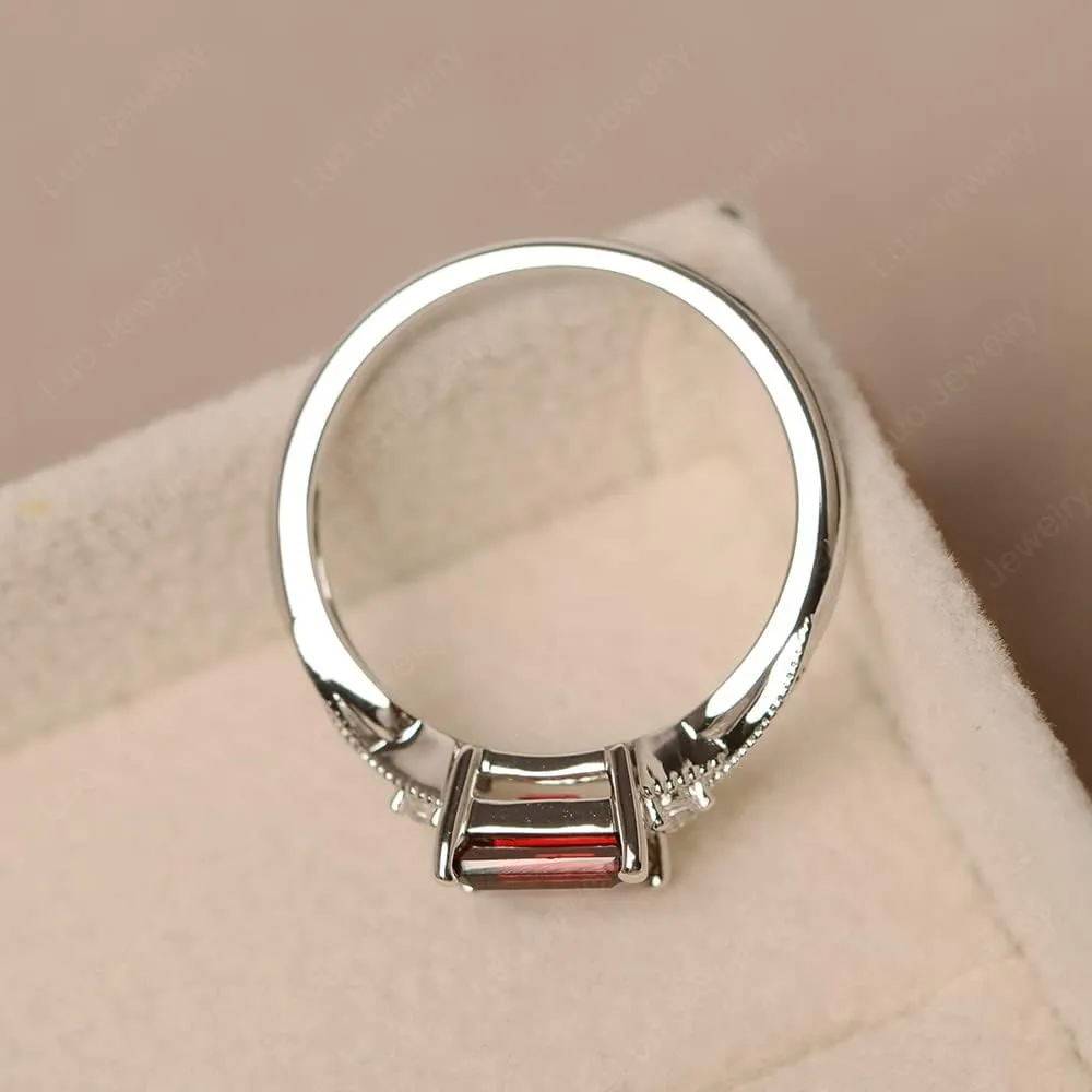 LUO 925 Sterling Silver Emerald Cut 7X5 MM Gemstone Ring East West Dainty Promise Ring for Women