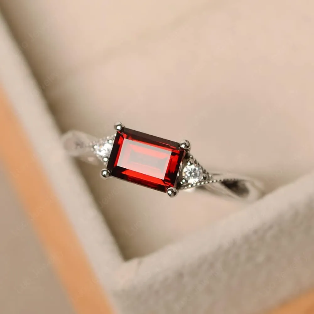 LUO 925 Sterling Silver Emerald Cut 7X5 MM Gemstone Ring East West Dainty Promise Ring for Women