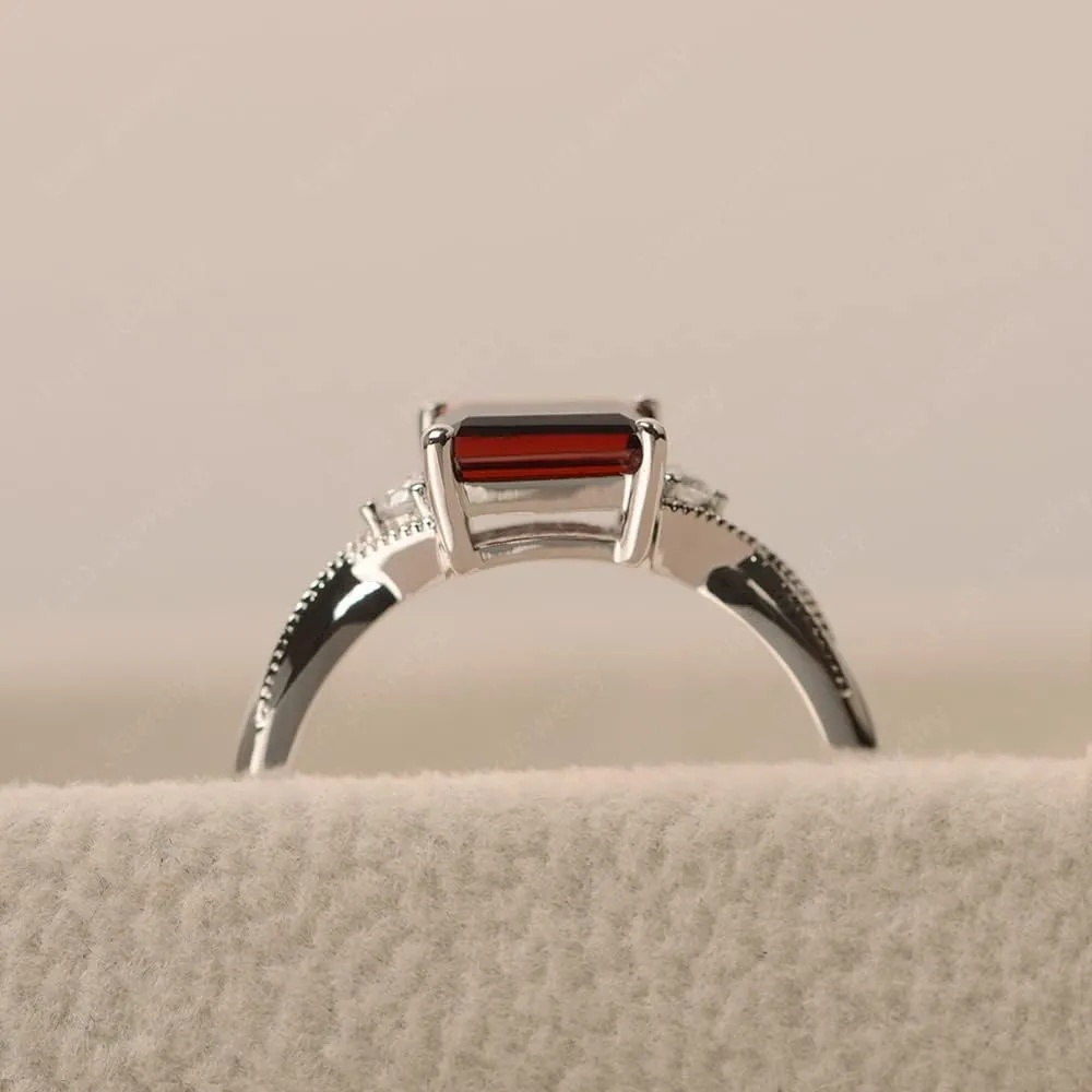 LUO 925 Sterling Silver Emerald Cut 7X5 MM Gemstone Ring East West Dainty Promise Ring for Women