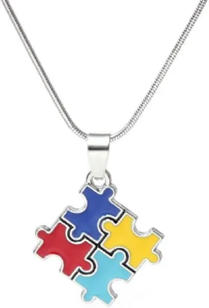 Lzz Autism Awareness Square Puzzle Pendant Necklace Autism Men and Women Color Puzzle Charm Pendant Sterling Silver Necklace