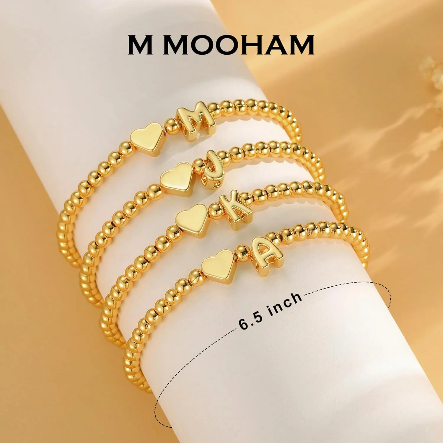M MOOHAM Heart Initial Bracelet for Women - Dainty Gold Beaded Bracelets for Women Trendy Charm Letter A-Z Personalized Heart Jewelry Gifts